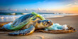 © suwatthana - Turtle tangled in plastic bags and ropes washed up on beach