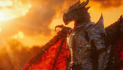 A dragon is standing in front of a sunset, with its wings spread wide