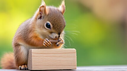 Wall Mural - A squirrel sitting on a table eating something out of a block, AI