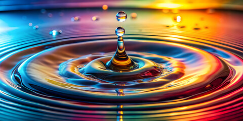 Dynamic water droplet splash with vibrant ripples, abstract liquid motion photography, water, droplet, splash, ripples