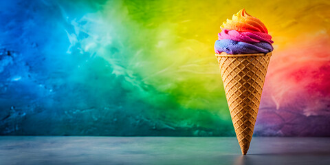 Rainbow ice cream cone on a colorful background, sweets, dessert, summer, treat, vibrant, pastel, swirl, cone, tasty