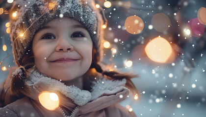 Wall Mural - A young girl wearing a hat and a scarf is smiling in the snow