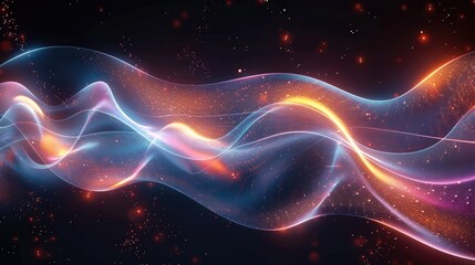 Poster - Abstract background with colorful glowing waving lines on a dark background, futuristic design concept. Generative AI.