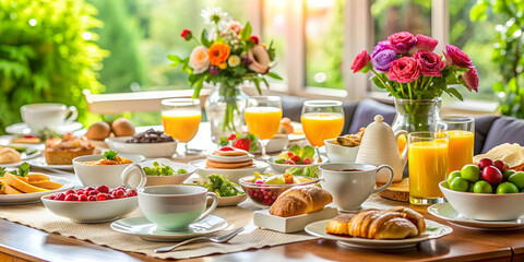 Morning banquet with elegant table setting and delicious breakfast spread, morning, banquet, elegant, table setting, breakfast