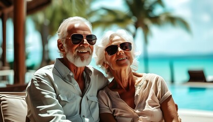 Senior couple savoring retirement bliss at a luxurious resort, soaking in the sun and tranquility against a stunning backdrop of leisure and relaxation.