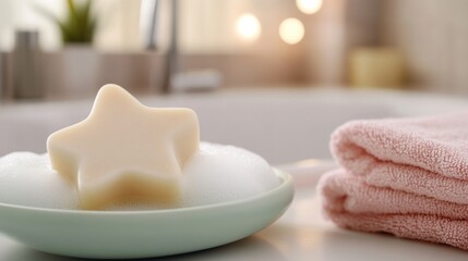 Wall Mural - A soap in a bowl with star shaped sponge on top, AI