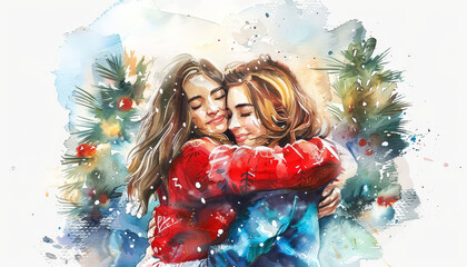 Wall Mural - Two women are hugging each other in a painting