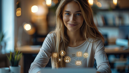 Poster - Woman, A relaxed and comfortable office environment with a person at their desk, smiling and enjoying a balanced work-life experience.. Generative AI. Generative AI.