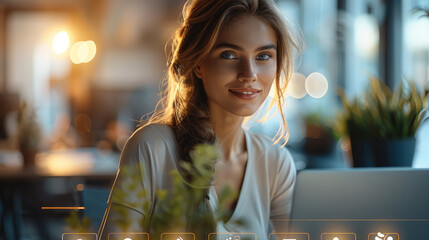 Poster - Woman, A relaxed and comfortable office environment with a person at their desk, smiling and enjoying a balanced work-life experience.. Generative AI. Generative AI.