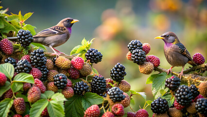 Ripe blackberry being eaten by birds , blackberry, ripe, fruit, birds, wildlife, foraging, juicy, sweet, snack, nature