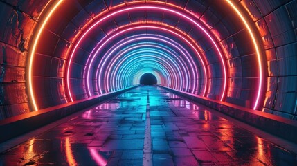 a vibrant and pulsating array of neon lights and geometric shapes forming a tunnel-like structure, e
