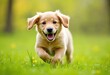 © Giuseppe Cammino - A dog golden retriever puppy with a happy face runs through the colorful lush spring green grass