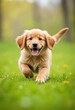 © Giuseppe Cammino - A dog golden retriever puppy with a happy face runs through the colorful lush spring green grass