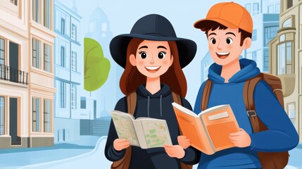 A cartoon of a couple standing in the street with books, AI