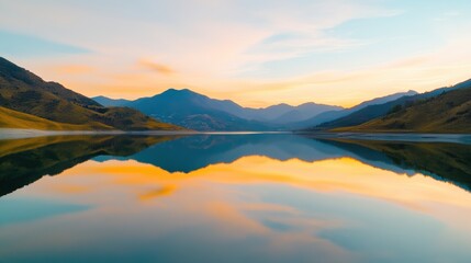 Sticker - A lake with mountains in the background at sunset, AI