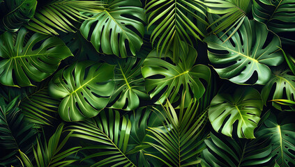 Poster - Seamless pattern of tropical leaves in vibrant green shades, fresh and natural. Generative AI.