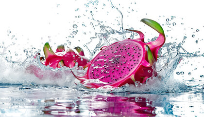 Canvas Print - Three pink dragon fruit are floating in a stream of water