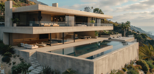 Wall Mural - A luxury mansion. Thick concrete elements. Visible structural elements. Minimalist style. Generative AI.