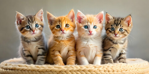 Four colorful kittens sitting together on a plush surface , kittens, adorable, pets, colorful, pink, orange, blue, green, fur