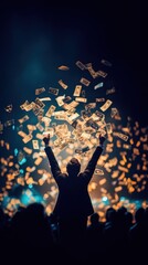 Entrepreneur celebrating with arms raised surrounded by falling money bills in the background, symbolizing financial incentives, success achievement, business reward