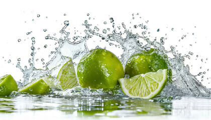 Canvas Print - A splash of water is falling on three green limes