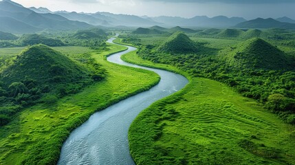 Wall Mural - Serene River Winding Through Lush Green Valley