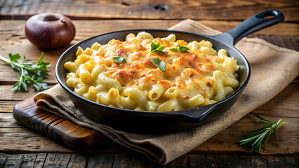 Creamy baked mac and cheese served in a rustic cast iron pan on a wooden table, macaroni, cheese, comfort food, homemade, baked