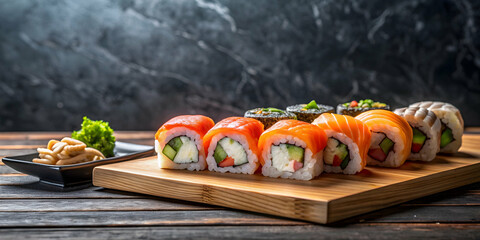 Wall Mural - Sushi pieces on wooden table with black marble background, sushi, Japanese cuisine, food, fresh, delicious, traditional, rice