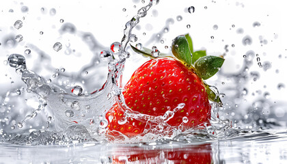 A splash of water surrounds a bunch of red strawberries