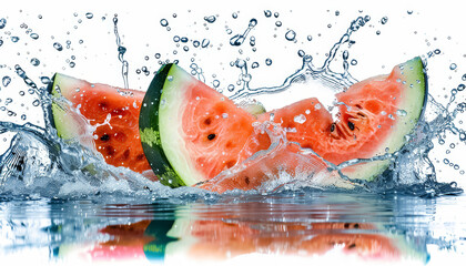 A watermelon is sliced and floating in a pool of water