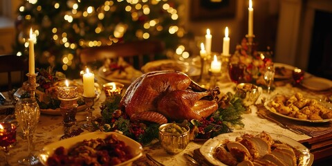 A lavish Christmas dinner table filled with a roasted turkey, steaming dishes, and festive decorations, with candles softly glowing and creating a warm, inviting atmosphe