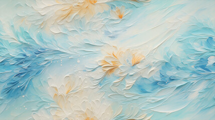 Soft abstract floral pattern with creamy flowers and flowing blue tones on a light background