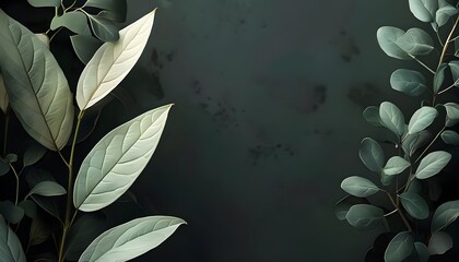 Wall Mural - Aesthetic Minimalism with Abstract Leaves on Dark Backdrop in Trendy Sage Color Palette