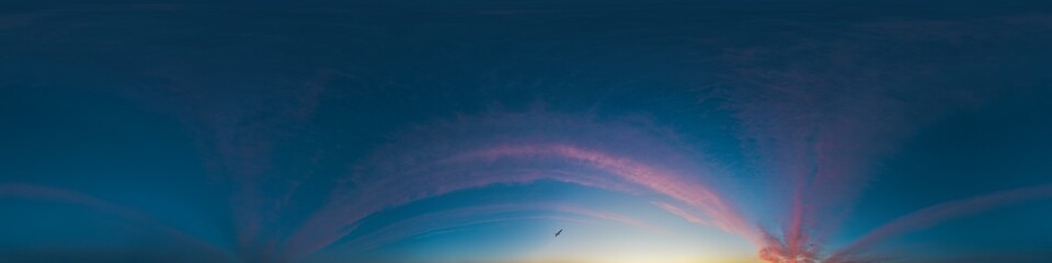 Wall Mural - 360 panorama of dark blue sunset sky with bright pink cirrus clouds. hdr 360 seamless spherical pano