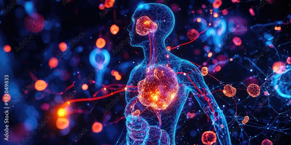 A stylized diagram showing the connection between the endocrine system and the circulatory system, with glowing glands and hormones flowing into the bloodstream