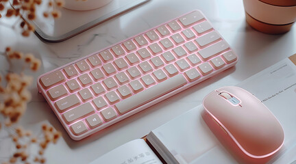 Canvas Print - A cute mini wireless keyboard and mouse set, the body is made of plastic material with a gradient color in light pink-beige, placed on an open book beside it. top view. Generative AI.