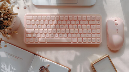 Fototapete - A cute mini wireless keyboard and mouse set, the body is made of plastic material with a gradient color in light pink-beige, placed on an open book beside it. top view. Generative AI.