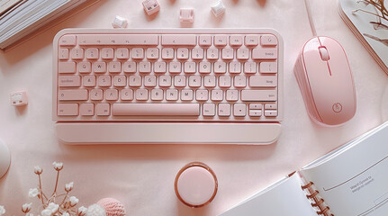 Canvas Print - A cute mini wireless keyboard and mouse set, the body is made of plastic material with a gradient color in light pink-beige, placed on an open book beside it. top view. Generative AI.