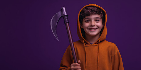 Happy Middle Eastern teenage boy holding scythe on solid black background for Halloween
