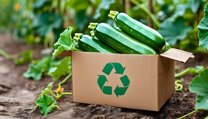 Wall Mural - Sustainable gardening showcased in a cardboard box filled with fresh zucchini, promoting eco-friendly practices and recyclable packaging solutions.