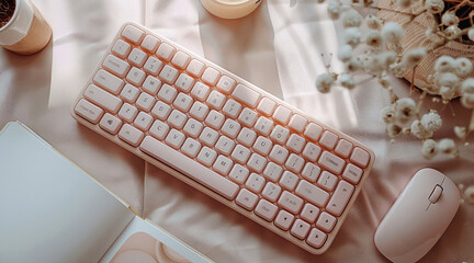 Fototapete - A cute mini wireless keyboard and mouse set, the body is made of plastic material with a gradient color in light pink-beige, placed on an open book beside it. top view. Generative AI.