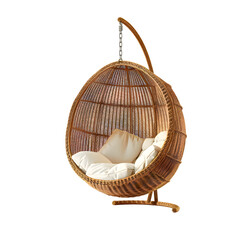 Woven wicker egg-shaped hanging chair isolated on transparent background