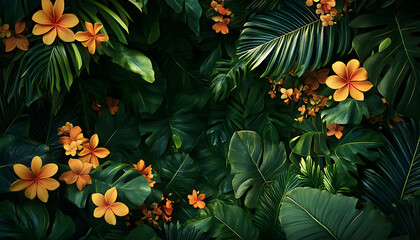 A lush jungle scene with vibrant green leaves and exotic flowers, bringing the warmth of the tropics to your screen