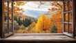 © artbot - A picturesque autumn landscape viewed through an open window, showcasing vibrant foliage.
