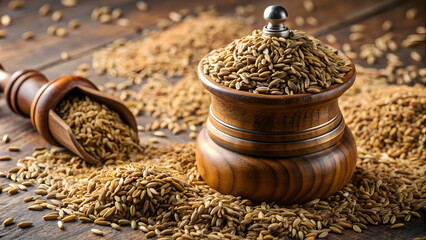 Heap of cumin seeds with a spice grinder, cumin, seeds, heap, spice grinder, cooking, ingredient, herb, condiment