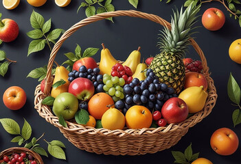 Wall Mural - Basket in the garden filled with fruits, apples, grapes, pear