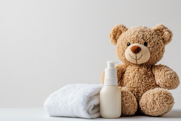 a cheerful teddy bear sitting beside baby shampoo and a soft towel, creating a soothing bath environ