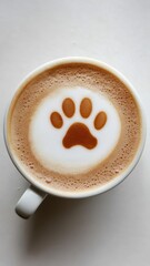 Cat or dog paw latte art coffee in white mug on wooden table at pet cafe,kawaii latte art in japan cafe,pet friendly,Barista making latte art in a cup of coffee,cafe or bistro with hot drink to go.