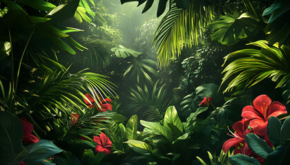 A lush jungle scene with vibrant green leaves and exotic flowers, bringing the warmth of the tropics to your screen