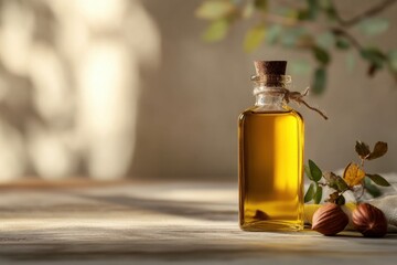 A sleek modern bottle of hazelnut oil on a rustic table with hazelnuts and leaves under soft natural lighting